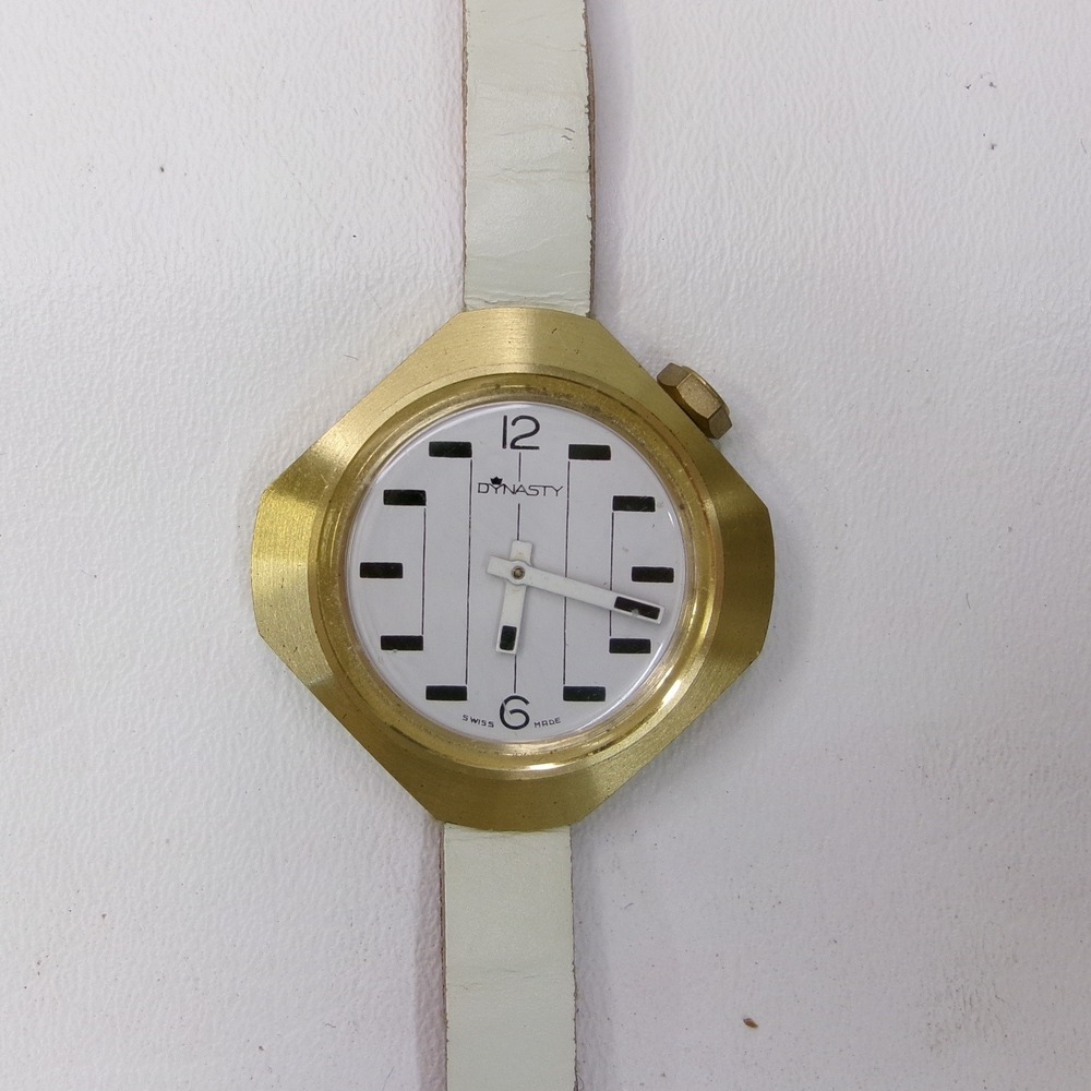 Dynasty Swiss Made Gold Tone Octagon Retro White Black Geometric Ladies Watch